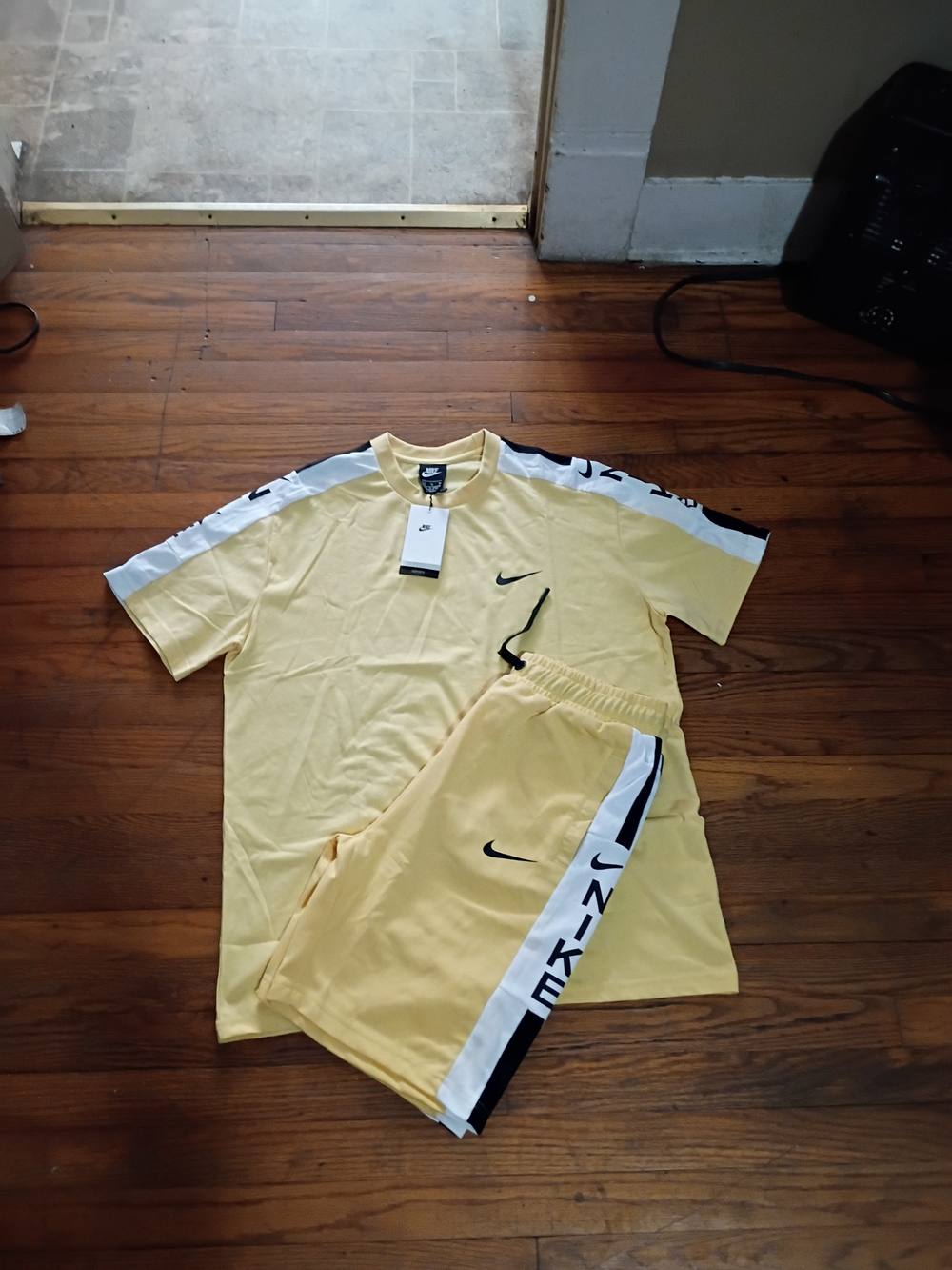 Nike Yellow and White Swoosh Athletic Tee & Shorts Set